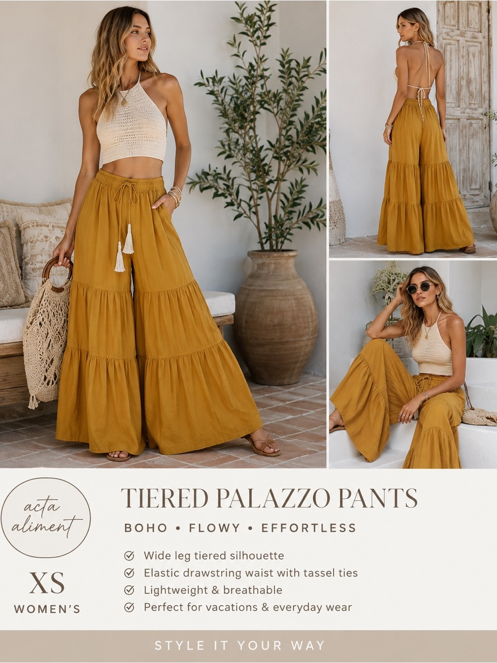 Aratta Silent Journey Mustard Tiered Palazzo Pants XS Boho